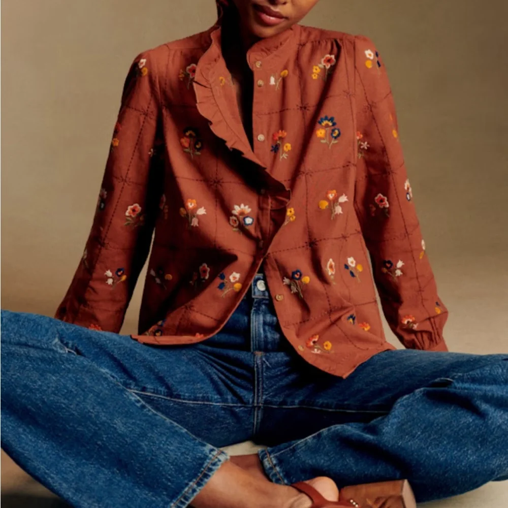 SEZANE Rust Orange Blue Floral Embroidered Ruffle Button Down Shirt Chlo Blouse - Picture 4 of 17